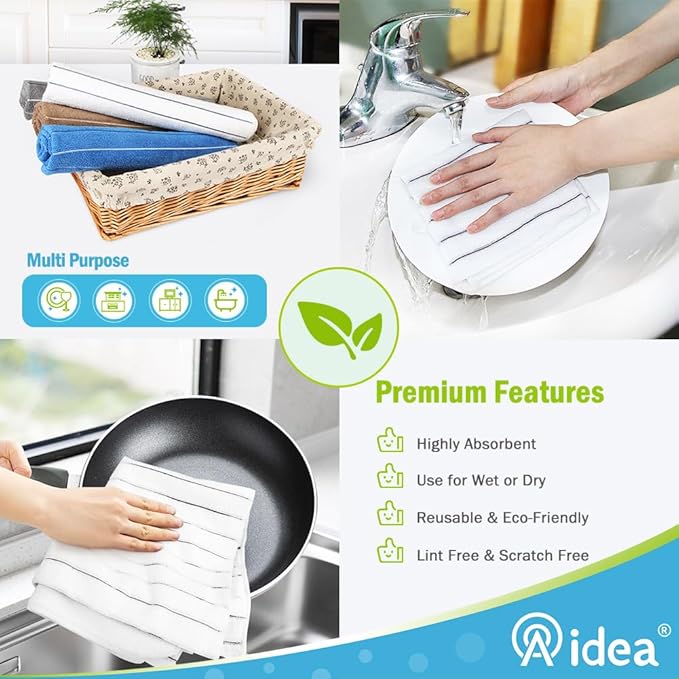 AIDEA Microfiber Kitchen Towels-8PK, Super Soft and Absorbent Dish Towels, Multi-Purpose Microfiber Kitchen Towels for Home, White/Grey, 15”x25”