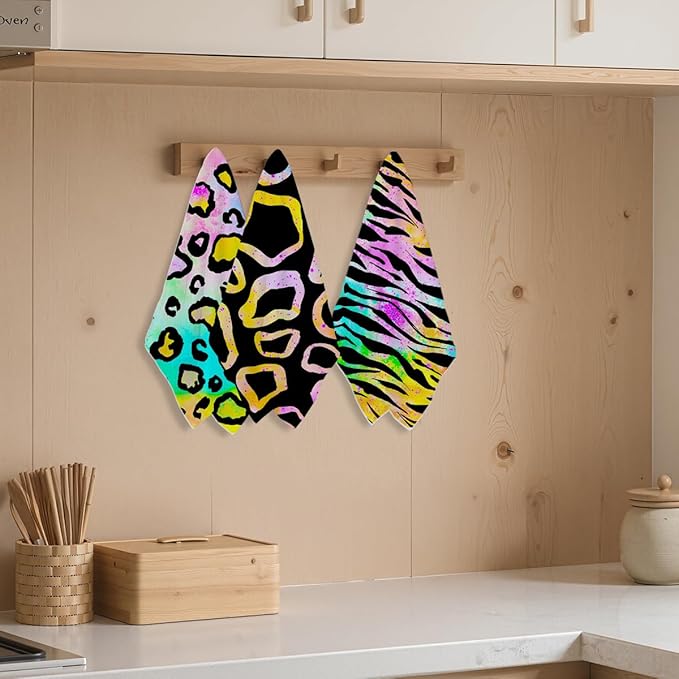 3 Pcs Colorful Zebra Print Kitchen Towels, Trendy Decorative Absorbent Microfiber Dish Cloth Tea Towel, Waffle Soft Hand Towels for Farmhouse Home Bathroom