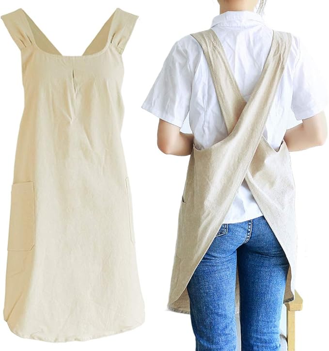NEWGEM Japanese Cotton Linen Cross Back Cooking Apron for Women Men with Pockets Cute for Baking Kitchen