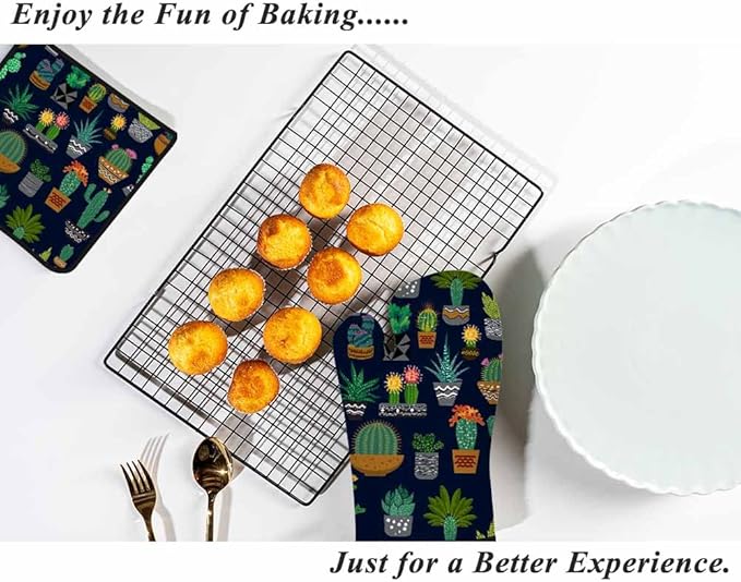 Cactus Oven Mitts and Pot Holders Sets Succulents Potted Plant Garden Nature Heat Resistant 3pcs for Cooking Baking BBQ