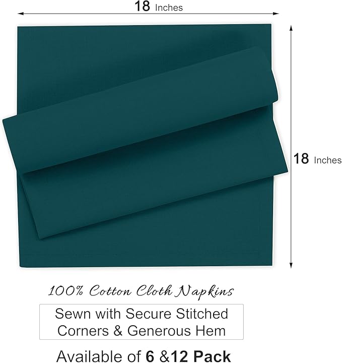 Ruvanti Cloth Napkins Set of 12, 100% Cotton High GSM 18x18 Inches Soft, Washable, Highly Durable & Absorbent, Perfect for Parties, Christmas, Thanksgiving Dinners – Deep Teal