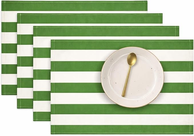 Folkulture Placemats Set of 4 (13 x 18) | 100% Cotton, Heat Resistant, Machine Washable Striped Place Mats | Green & White Rectangular Cloth Table Placemats for Dinner, House Warming Gifts New Home