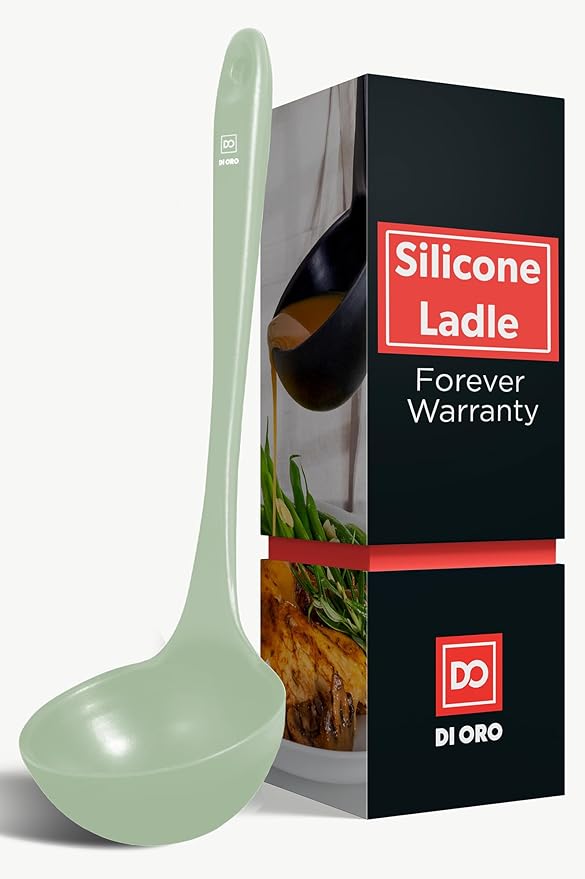 DI ORO Silicone Ladle – Soup Ladle for Cooking & Serving Heat-Resistant - Large Kitchen Soup Ladle Nonstick Cookware Safe - Soup Serving Spoon with Wide Bowl - Silicone Utensil Dishwasher Safe (Sage)