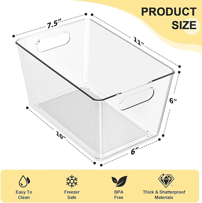 12 Pack Large Clear Plastic Storage Bins, Refrigerator Cabinet Organizers with Handles for Pantry Organization and storage, Perfect for Home Organization, Kitchen, Laundry, Office& Garage