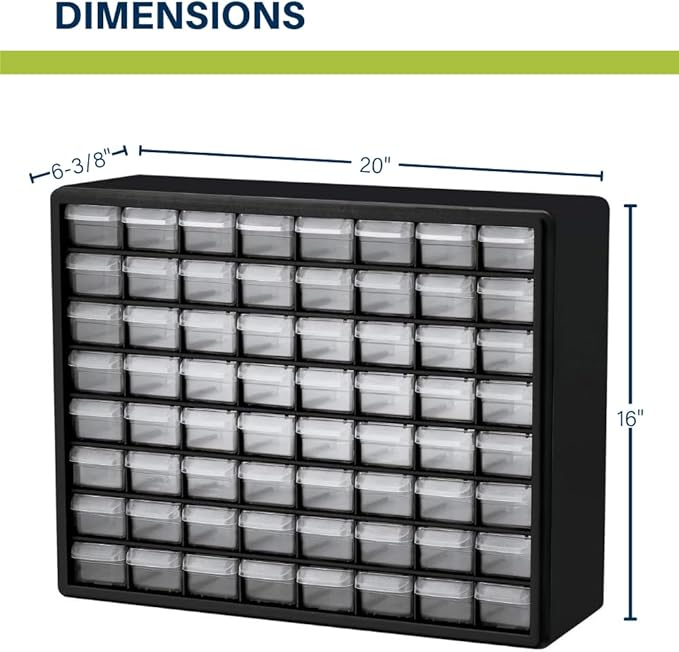 Akro-Mils 64-Drawer Plastic Storage Cabinet, 20-Inch W x 6-Inch D x 16-Inch H | Black | Model 10164 | Garage Organization