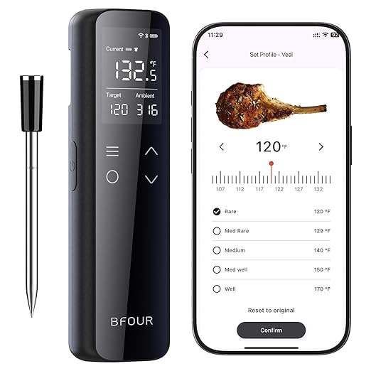BFOUR Wireless Meat Thermometer Bluetooth with Digital Standalone Base, WiFi Unlimited Range, 6 Precision Sensor, IP67 Waterproof and Heat Resistant, Digital Meat Thermometer for Food Cooking
