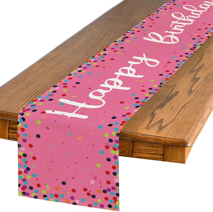 Artoid Mode Polka Dot Pink Happy Birthday Table Runner, Seasonal Kitchen Dining Table Decoration for Home Party Decor 13x72 Inch