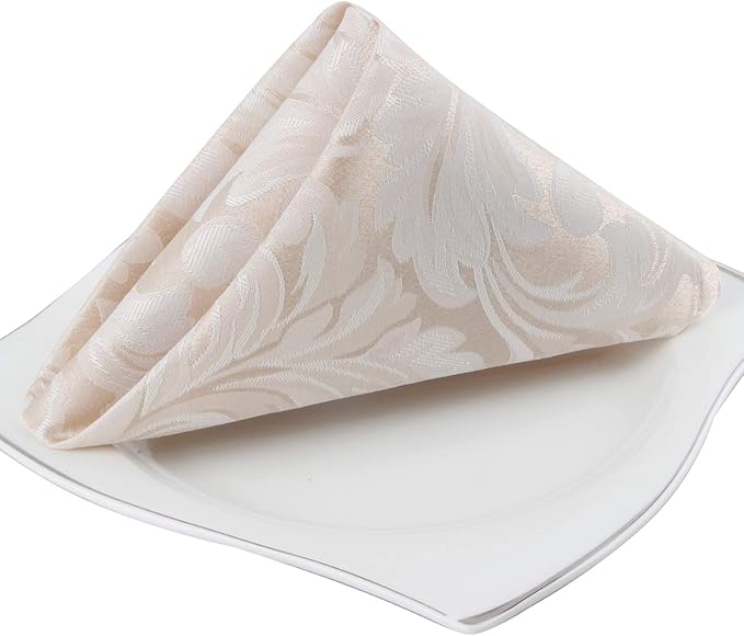EHouseHome Damask Jacquard Cloth Napkins Waterproof Spillproof Polyester Fabric Napkins,Beige,Set of 4, 17 x 17 Inch