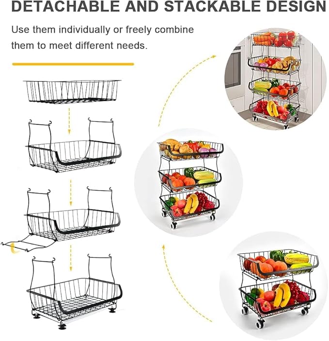 Miyawell Fruit Vegetable Storage Basket, 4 Tier Stackable Metal Wire Storage Baskets with Wheels, Fruit Vegetable Produce Basket Organizer Bins for Kitchen, Pantry, Bathroom