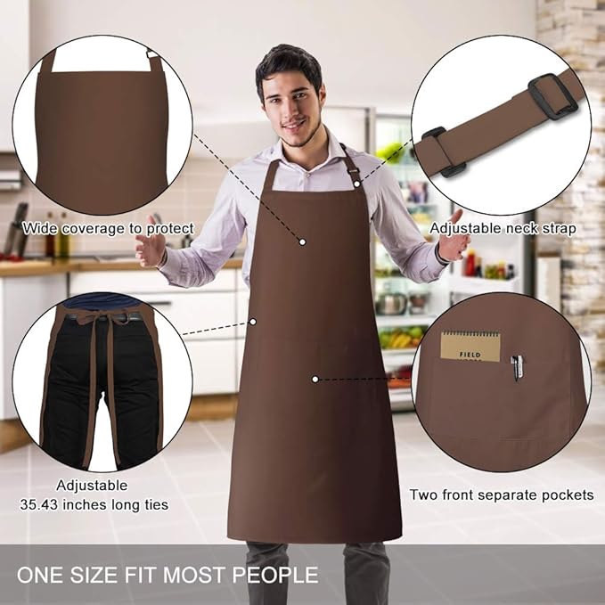 Jubatus 2 Pack Bib Aprons with 2 Pockets Cooking Chef Kitchen Apron for Women Men, Brown