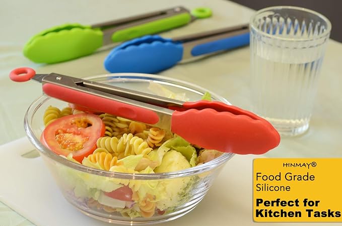HINMAY 9" Silicone Kitchen Tongs with Silicon tips, Set of 3 (Red Blue Green)