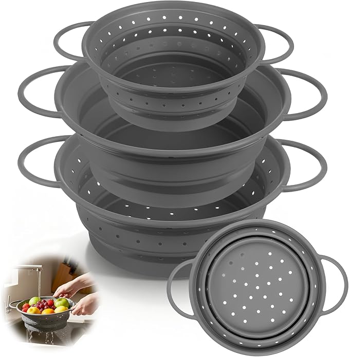 3 Pack Collapsible Colander with Strainer Bowl Set, 11 & 13 In BPA-Free Silicone Colanders for Kitchen, Heat-Resistant Space-Saving Strainer Dishwasher Safe Baskets for Vegetable Fruits(Grey)