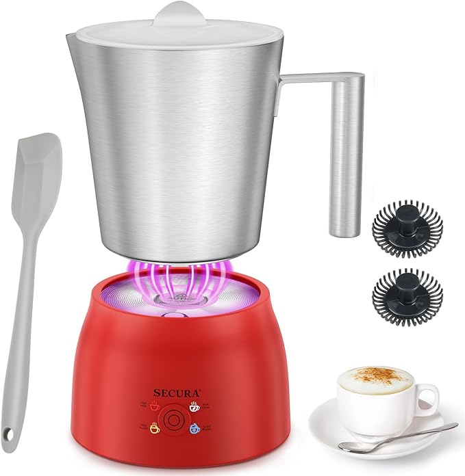 Secura Detachable Milk Frother and Steamer, 17 oz Electric Milk Warmer, 4-in-1 Hot/Cold Foam Maker, Teflon-Free Stainless Steel Jug, Dishwasher Safe for Latte, Macchiato, Hot Chocolate (Red)