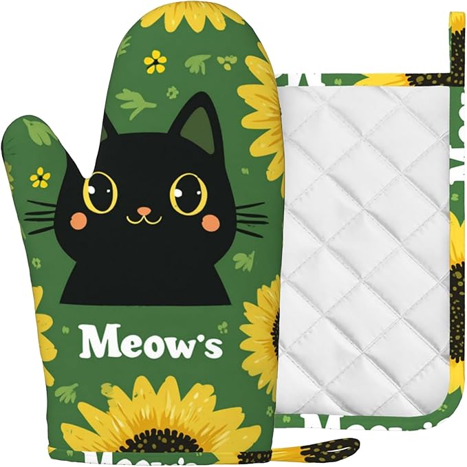 Black Cat Oven Mitts and Pot Holders Sets Cartoon Sunflower Silicone Heat Resistant Kitchen Oven Gloves Pot Holder for Cooking Baking Grilling BBQ
