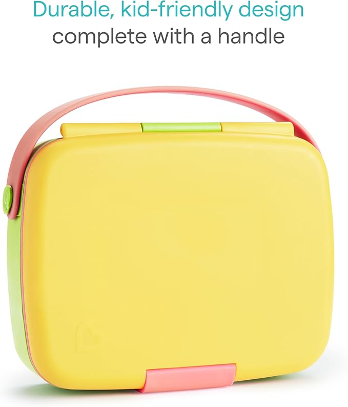 Munchkin Lunch Bento Box for Kids and Toddlers, Includes Stainless Steel Utensils, BPA-Free, 18 Months and Up, Pink/Green/Yellow