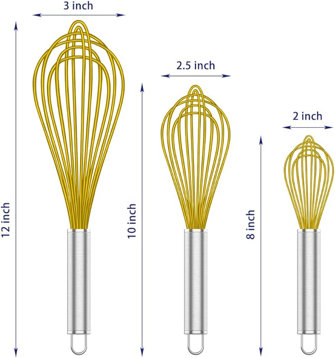 OYV Yellow Silicone Whisk, Professional Whisks For Cooking Non-Scratch, Stainless Steel & Silicone Wisk, Plastic Rubber Whisk Tool For Nonstick Cookware Pans, Silicon Wisks Set of 3.