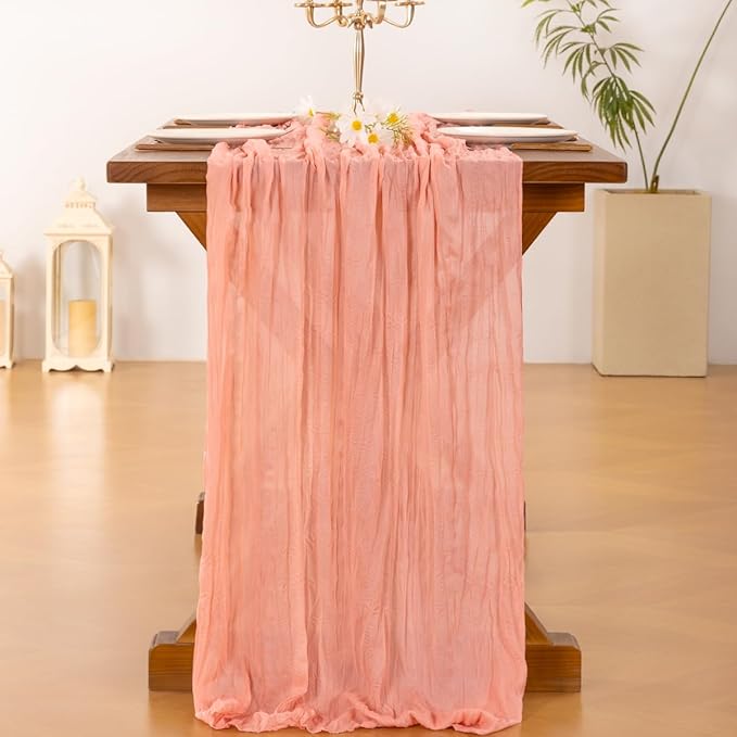 Socomi Coral Peach Easter Spring Cheesecloth Table Runner Boho Rustic Gauze 120 inch 10FT Cheese Cloth Runner for Wedding Party Baby Shower Birthday Home Decor Holiday Decorations