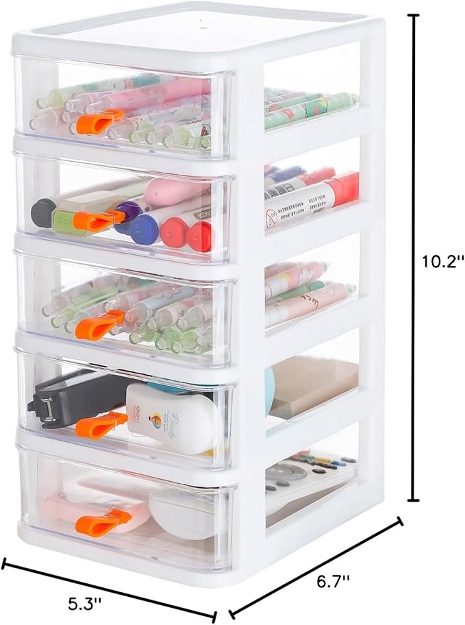 Gagee 5 Drawer Mini Stackable Storage Drawers,Plastic Dressers with Drawers for Arts and Crafts, Small Tools, Sewing Accessories, Stationary, and Hardware,Clear/White Frame