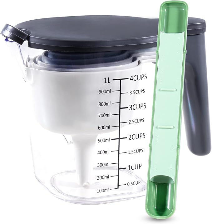 11 Pieces Measuring Cups and Spoons set, Includes 10 Stackable Measuring Cup with Lid and 1 Adjustable Measuring Spoon, Measuring Spoons Set for Liquid and Dry, BPA Free, Dishwasher Safe