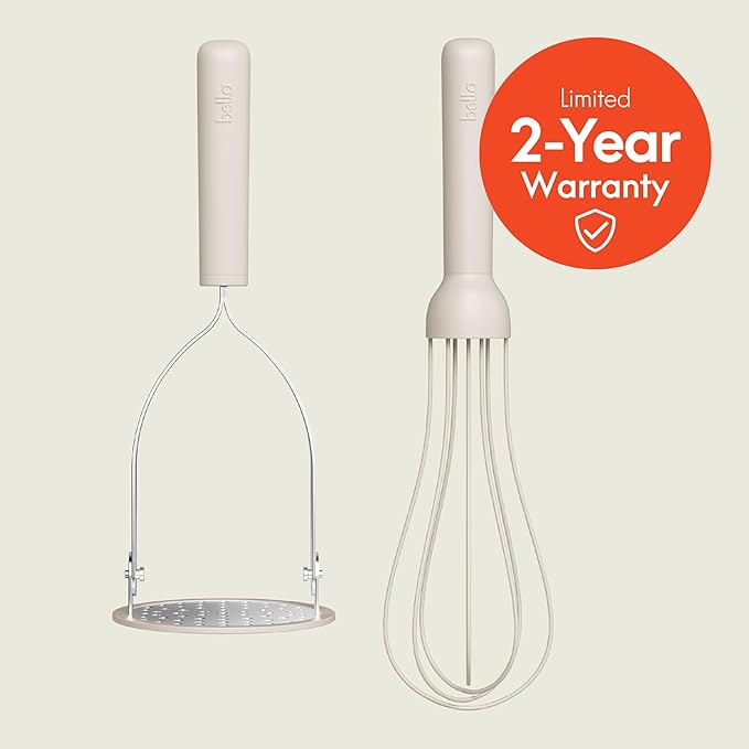 bella 2-Piece Compact Masher and Whisk Set, Fold Flat, Stainless steel and silicone, Foldable Masher, Ballon Whisk, Flat Whisk, Non-stick, Nonslip, Heat safe to 425°F, Oatmilk