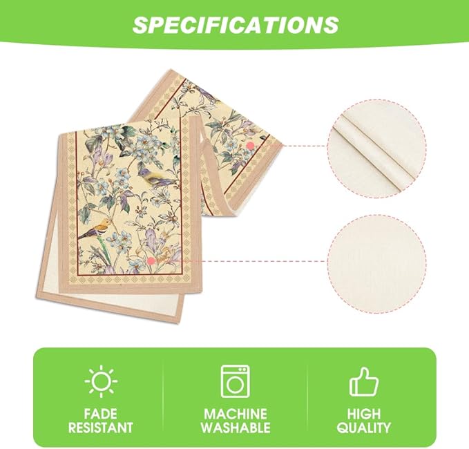 Artoid Mode Beige Birds Floral Blossom Table Runner, Seasonal Flowers Spring Kitchen Dining Table Decoration for Home Party Decor 13x72 Inch