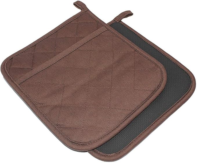 2Pcs Cotton and Neoprene Oven Pads Pot Holders with Pocket 8"x8.5" Dual-Function Hot Pad Set for Finger Hand Wrist Protection Heat Resistant to 428°F,Brown
