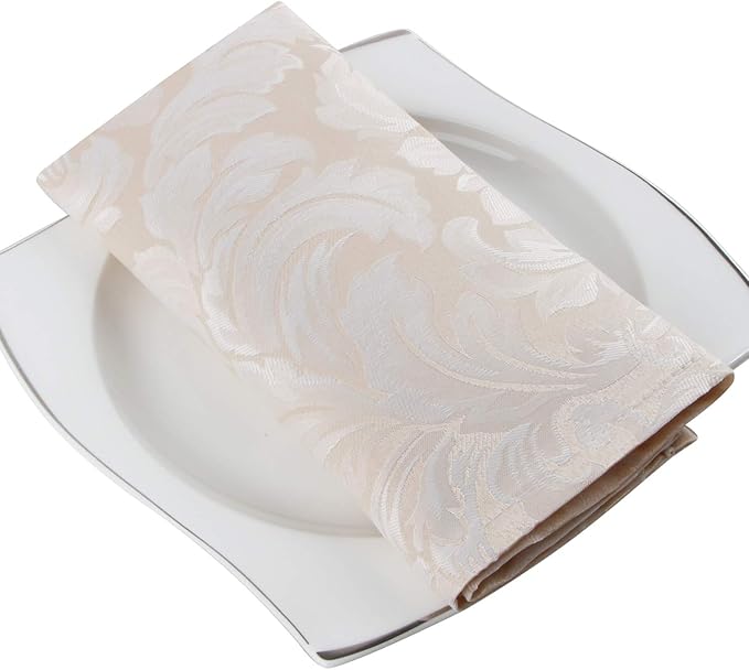 EHouseHome Damask Jacquard Cloth Napkins Waterproof Spillproof Polyester Fabric Napkins,Beige,Set of 4, 17 x 17 Inch