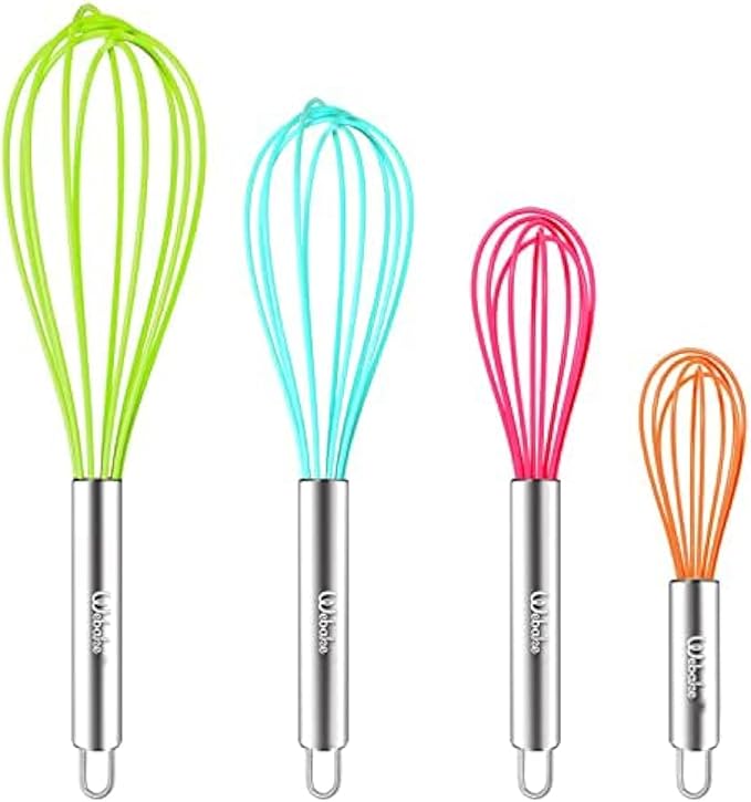 Webake Silicone Whisk Large Medium Small and Mini Whisk Set of 4, Heat Resistant Non-scratch Coated Kitchen Whisks for Cooking Nonstick Cookware, 4 Color Balloon Egg Wisk