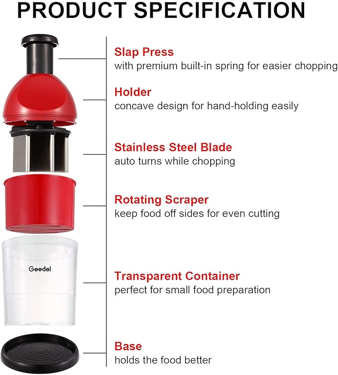 Geedel Food Chopper, Easy to Clean Manual Hand Vegetable Chopper, Dishwasher Safe Slap Onion Cutter for Veggies Onions Garlic Nuts Salads Red
