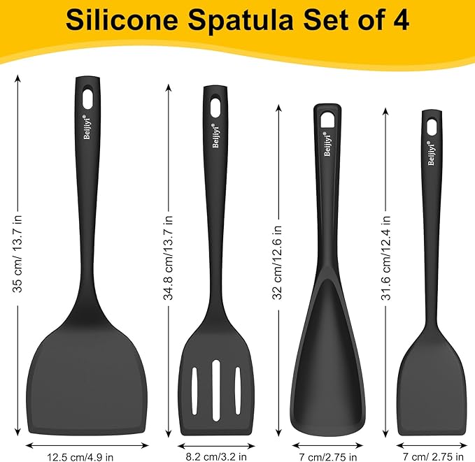 Beijiyi Silicone Spatula Set of 4, 600°F Heat Resistant, BPA Free Kitchen Spatula and Spoons for Nonstick Cookware, Solid & Slotted Turner Cooking Utensils for Serving, Flipping Egg, Pancakes (Black)