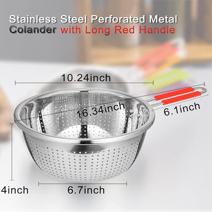 Stainless Steel Perforated Metal Colander Strainer with Long Red Handle Sieve Sifters Use for Kitchen Food Pasta Noodles Spaghetti Vegetables Silver - 10.24 inch (C072-Mer-26)