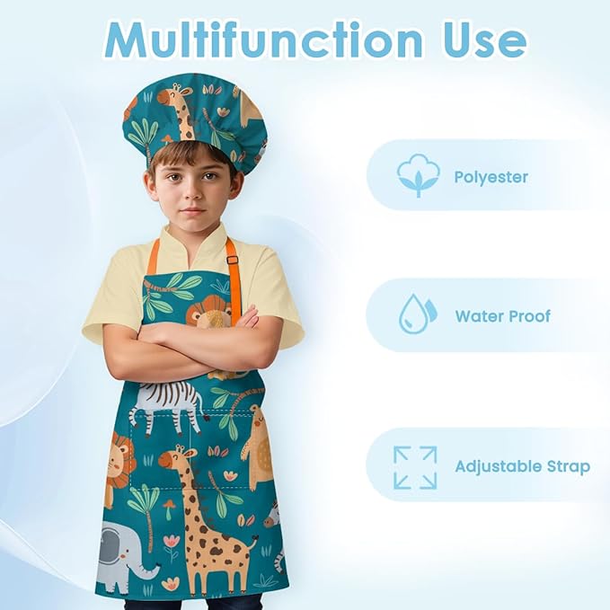 SANDJEST Kids Apron with Chefs Hat Set, Kitchen Apron Gifts