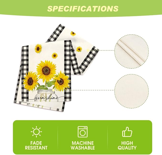 Artoid Mode Buffalo Plaid Sunflower Sunshine Vase Summer Table Runner, Spring Kitchen Dining Table Decoration for Home Party Decor 13x36 Inch