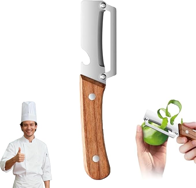 Zero Wooden Kitchen Tool, Multifunctional Vegetable Peeler, Stainless Steel Sharp Blades Carrot Potato Peeler with Wooden Handle and Bottle Opener Kitchen Tool (1Pcs)