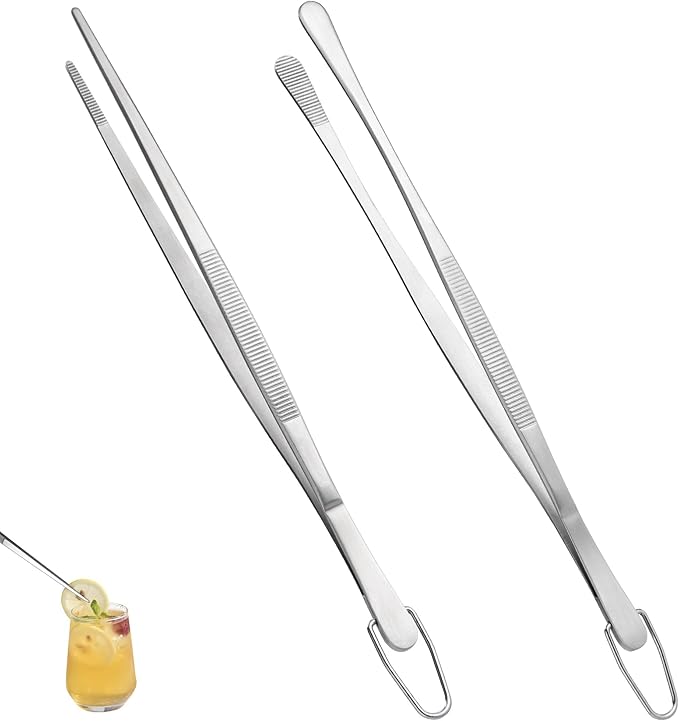 U-Taste 10" Kitchen Cooking Tweezer Set: 18/8 Stainless Steel Food-Grade Metal Food Tong, Seamless-Welding, Flexible and Non-Slip for Pasta Salad Meat Serving, Baking, Frying (Round & Pointed Tip)