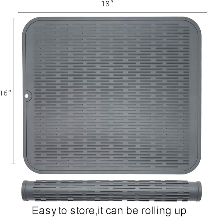 ZLR 2 Pcs Large Silicone Dish Drying Mat (16" x 18") - XL Heavy Duty Drainboard Mat for Pots, Pans & Family Loads - Heat Resistant Trivet & Counter Protector, Easy Clean (Dark Gray)