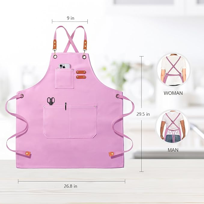 OUNLEN Chef Apron for Men Women Canvas Aprons with 3 Pockets Cross Back Resistant Work Apron for Cooking