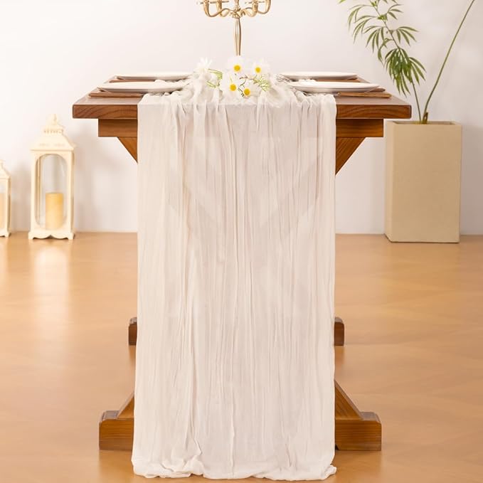 Socomi 10pcs Ivory White Cheesecloth Table Runner Boho Rustic Gauze 120 inch 10FT Cheese Cloth Runner for Wedding Party Baby Shower Birthday Home Decor Holiday Decorations