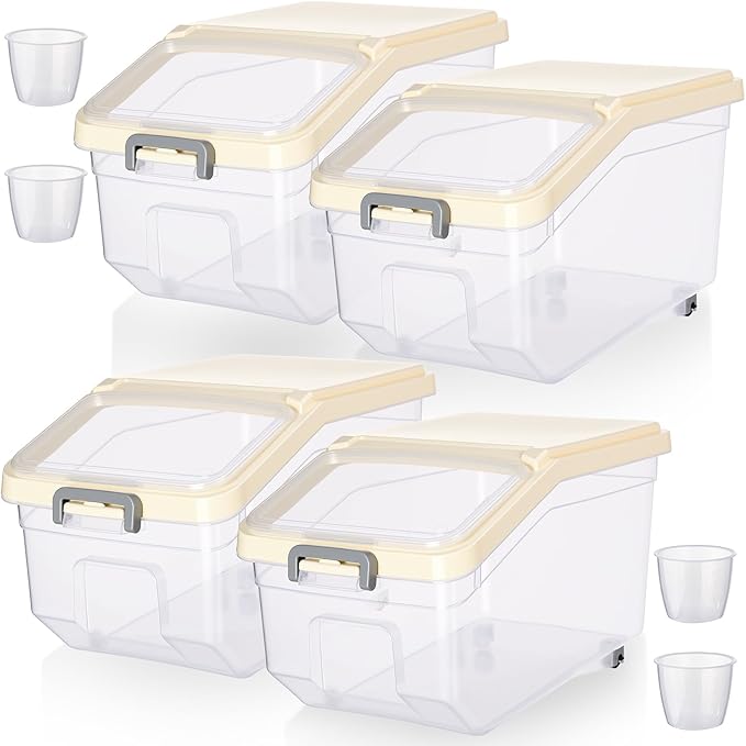Sunnyray 4 Pcs Rice Storage Containers Bulk Flour Sugar Container Wheels Measuring Cups Set Airtight Pet Dog Cat Birds Food Bin Grain Cereal Organizer Box for Dry Baking(Beige,22 lb)