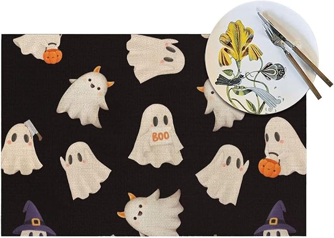 Halloween Cute Placemats 12x18 Inch Set of 4, Halloween Funny Ghost Pumpkin Table Place Mat Black and White Ghost Washable Table Mats Decorative Linen Fabric Table Mat for Dining Table