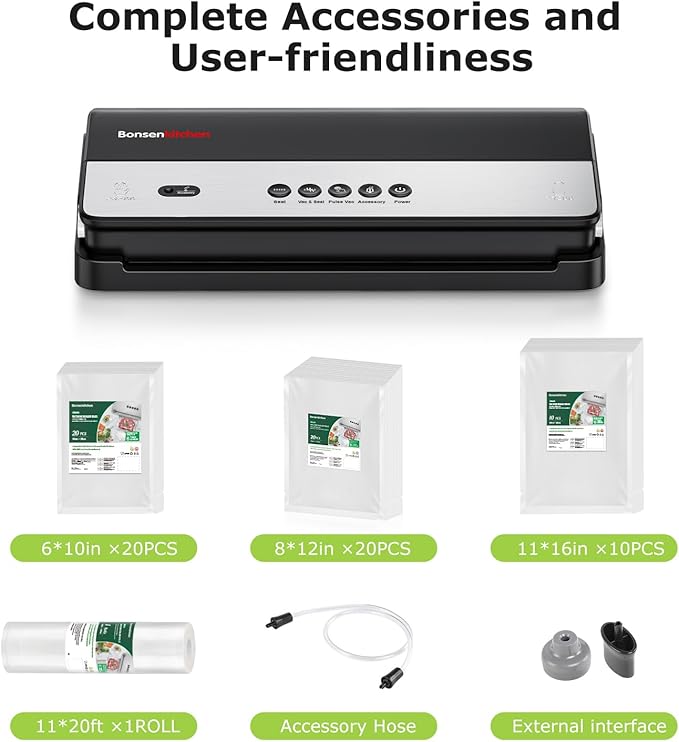 Bonsenkitchen Vacuum Sealer, Multi-Functional Food Sealer with 1 Roll Bag+ 50 Bags, Fast-Compact Design | Bag Storage | Built-in Cutter, External Vacuum System & Accessory Tube, Silver