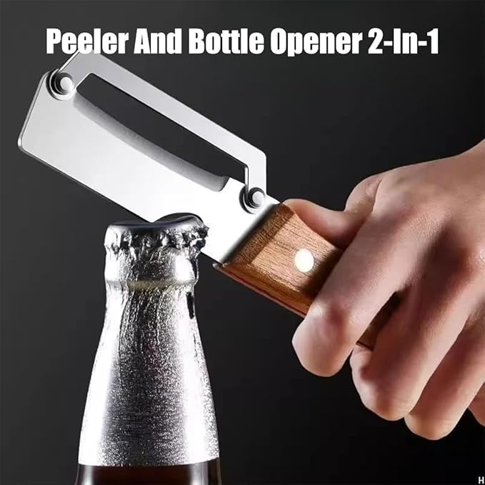 Premium Vegetable Peeler with Wooden Handle and Bottle Opener: 2-in-1 Stainless Steel Kitchen Tool for Fruit Apple Potato Pumpkin Papaya (1 PCS)