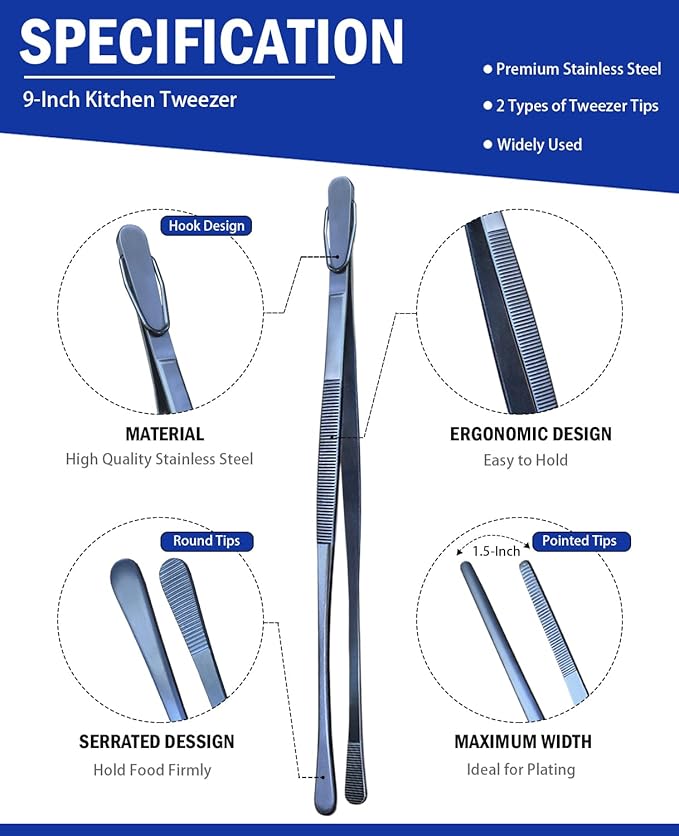 JETKONG 2 Pcs 9-Inch Cooking Tweezer Tongs Stainless Steel Kitchen Tweezers Plating Tongs (Navy Blue)