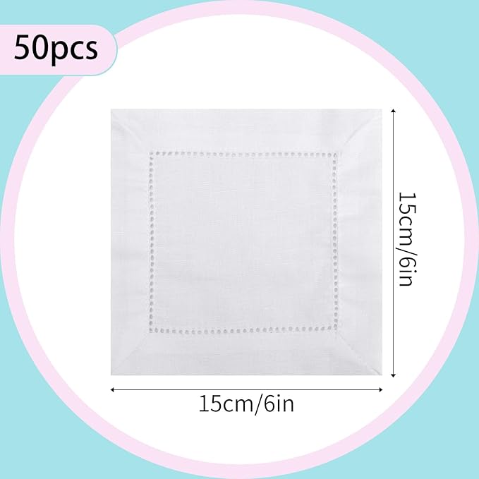 50pcs Linen Hemstitch Cocktail Napkins, 15x15cm/6x6in Reusable Square Cotton Fabric Cloth Beverage Napkins Suitable for Wedding Birthday Baby Shower Party Home Bar Supplies (White)