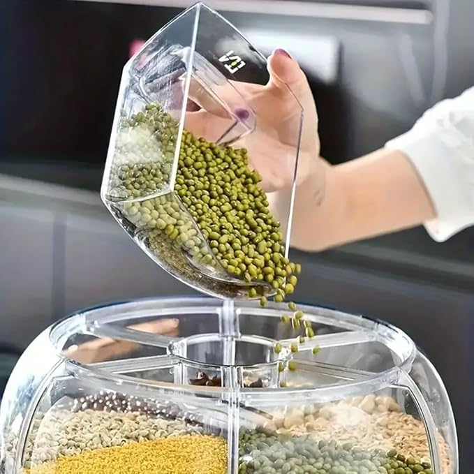 Rotating grain distributor, 6-grid large rice storage container for storing rice, beans and cat food, sealed and moisture-proof, large size.