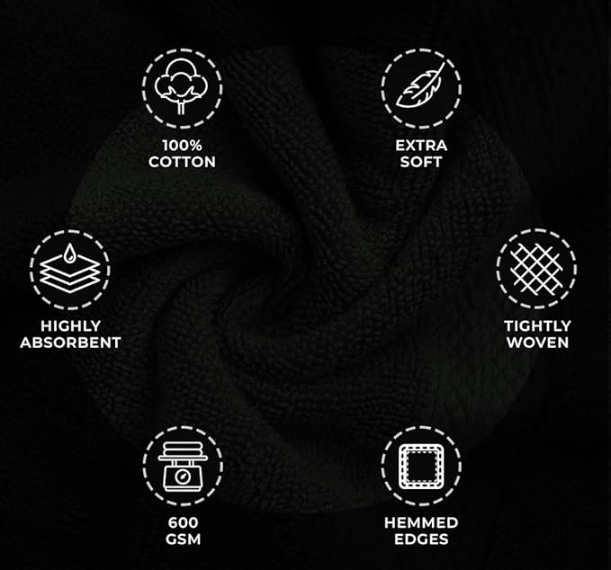 Avalon Towels Luxury Hand Towels (Pack of 6) Size 16x28 Inches - Premium Cotton, Soft and Highly Absorbent Hand Towels for Bathroom, 600 GSM Face Towels, Hotel & Spa Quality, Quick Dry (Black)