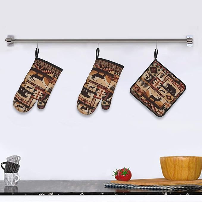 3 - Piece Brown Rustic Wildlife Oven Mitts & Pot Holders Sets, Cute Decorative Heat Resistant Kitchen Gloves and Hot Pad for Cooking Baking BBQ, Gifts for Outdoor Nature Lovers Baker Camper Stuff