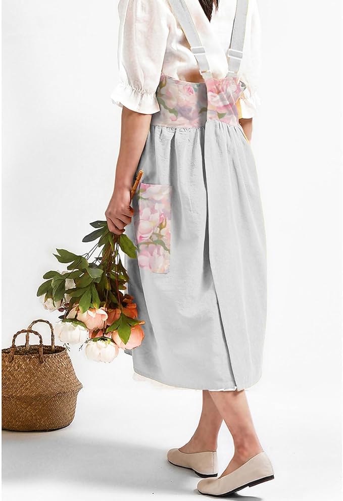 Uaussi Cotton Linen Apron Cross Back Work Apron for Women with Pockets Pinafore Dress X Cross Halter Apron for Chef Gardening