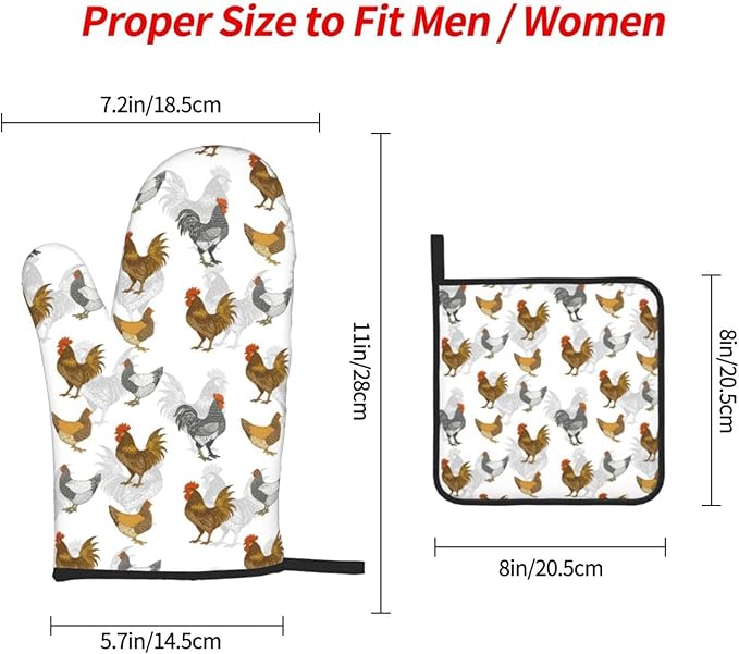 Roosters Chichen Oven Mitts Heat Resistant, Rustic Farmhouse Pot Holders and Oven Gloves Set for Kitchen Decor, Baking Gloves Hot Pads for Cooking Grilling BBQ Sets, Chicken Gifts for Women