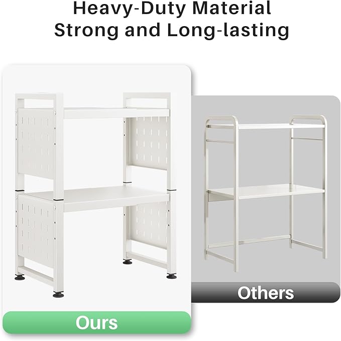 Microwave Stand, 3-Tier Expandable(17.4"-27.4") Microwave Oven Rack, Heavy Duty Adjustable Shelf with 9 hooks, Kitchen Organizer Storage Shelves for Pantry, Countertop, Coffee Bar, Office, Dorm, White